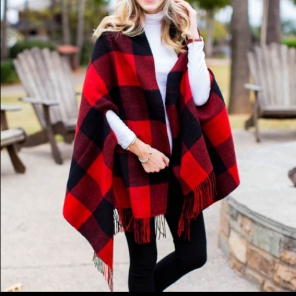 Madewell Red and Black Plaid Fringe Wrap Scarf